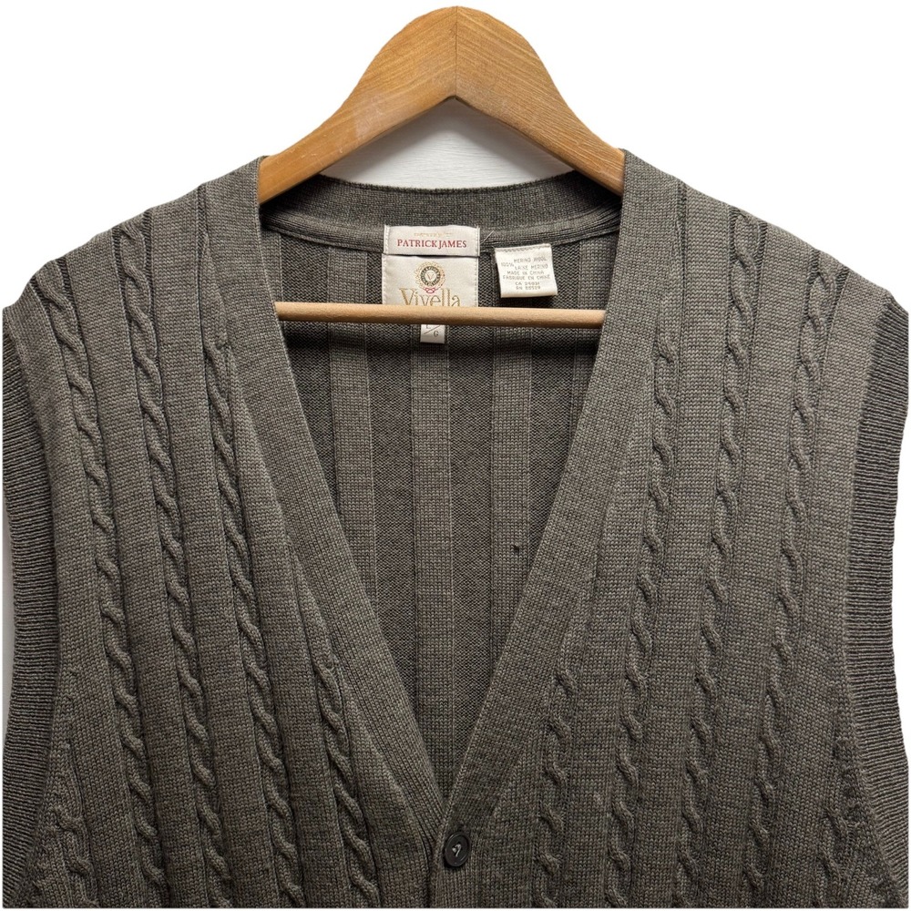 Viyella Men's Large Olive Green Cable Knit Merino Wool Cardigan Sweater Vest euc
